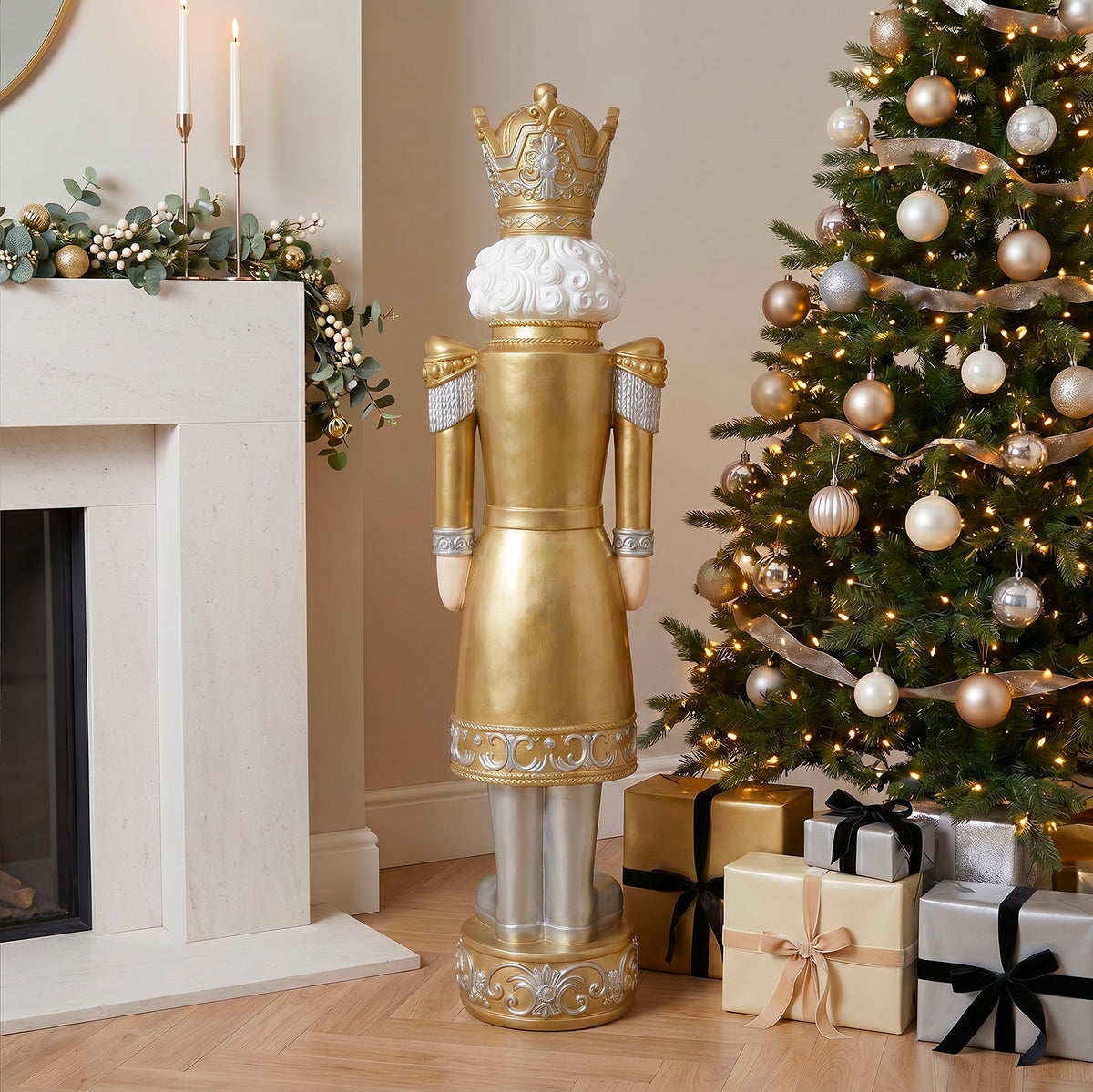 5.5ft Large Traditional Christmas Nutcracker Soldier Matt Gold and Silver with LED Lights