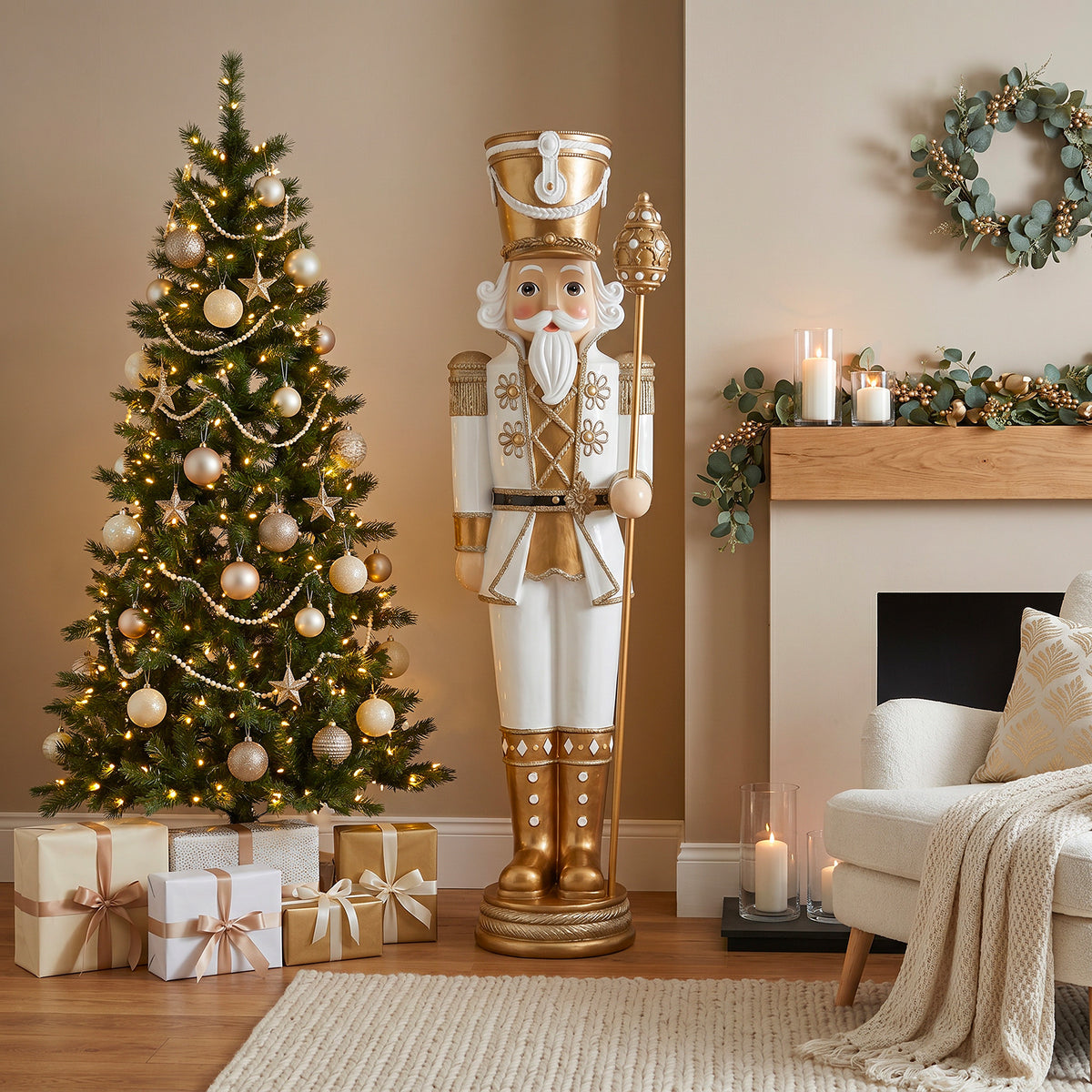 6ft Traditional Soldier Nutcracker Gold and Ivory with Warm White LED Lights