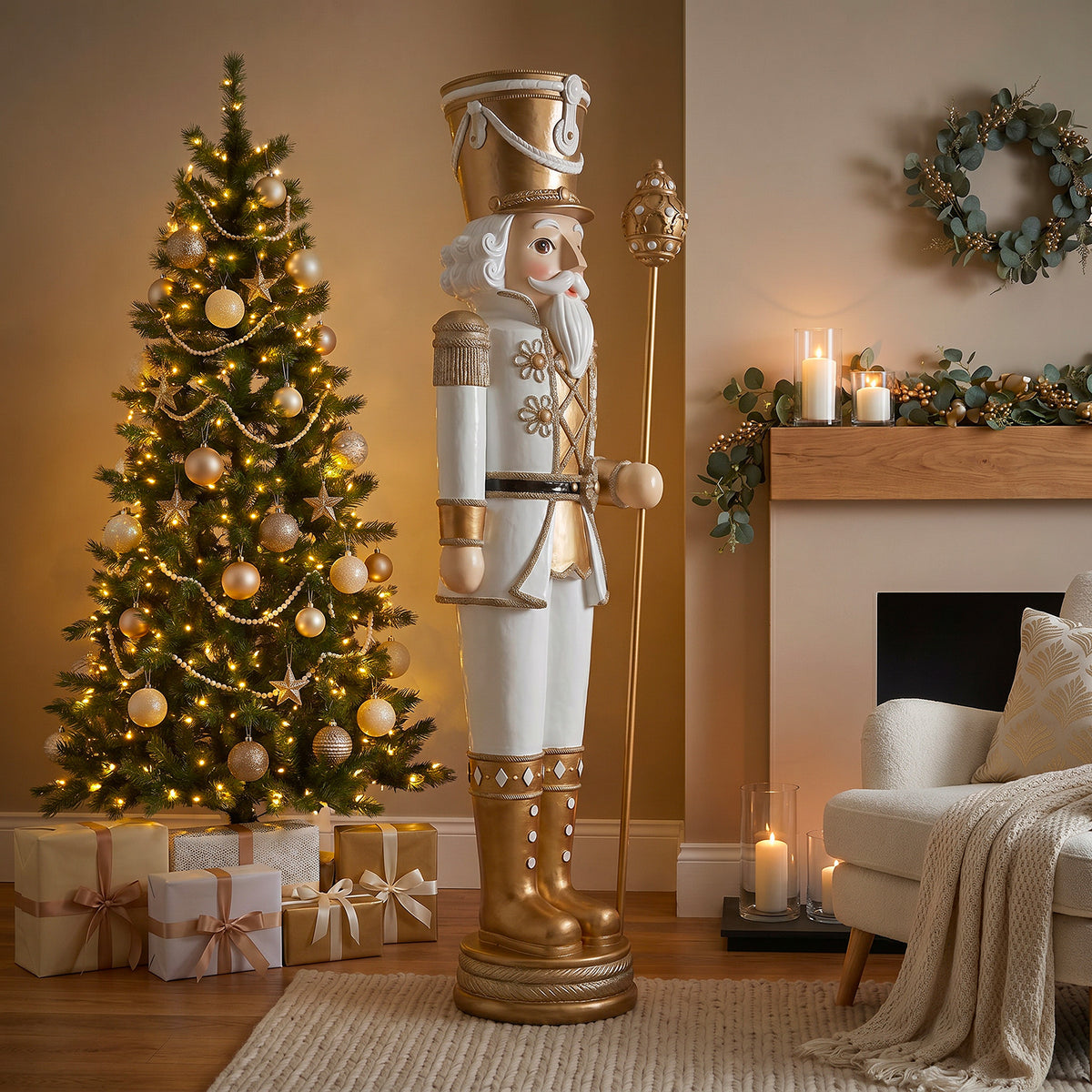 6ft Traditional Soldier Nutcracker Gold and Ivory with Warm White LED Lights
