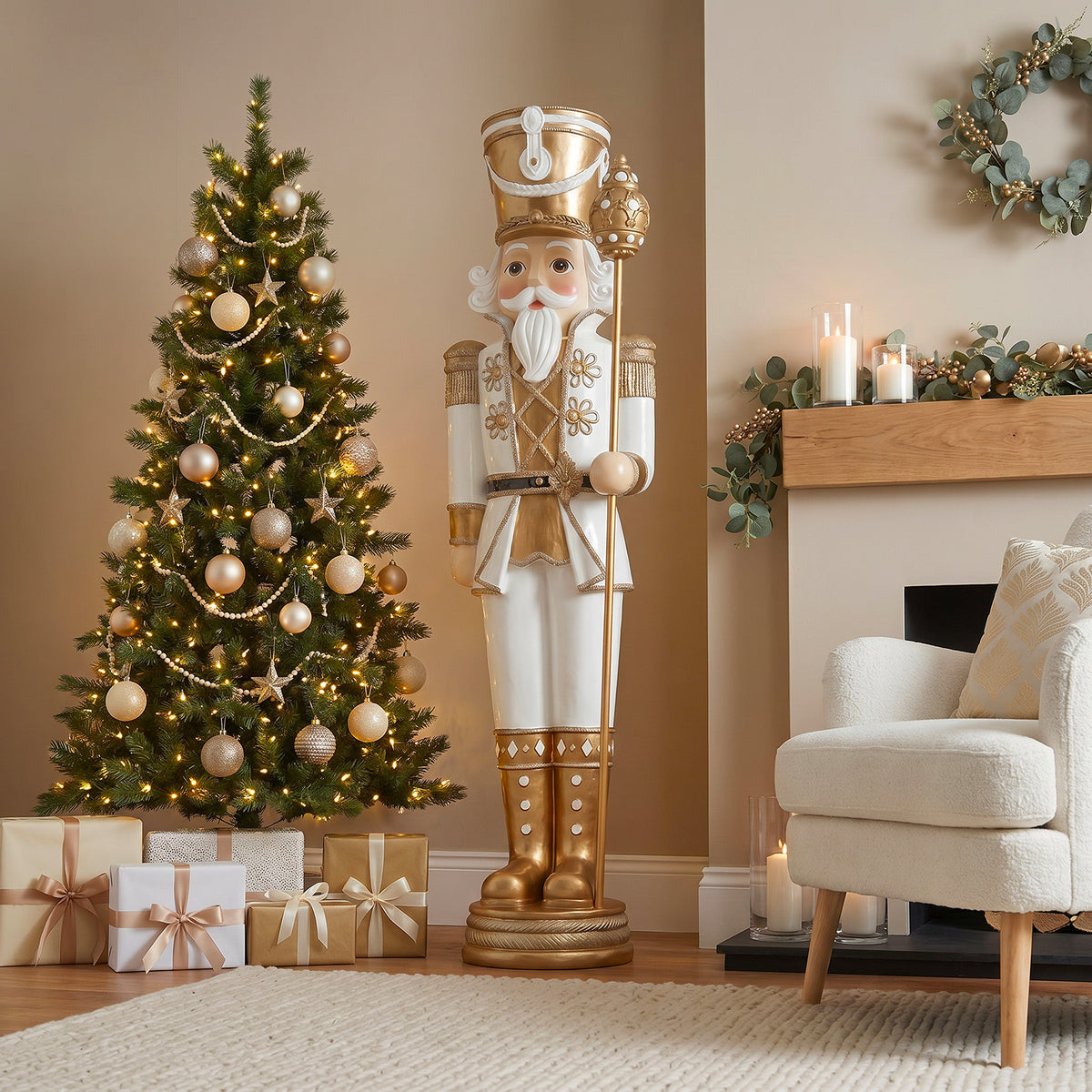 6ft Traditional Soldier Nutcracker Gold and Ivory with Warm White LED Lights