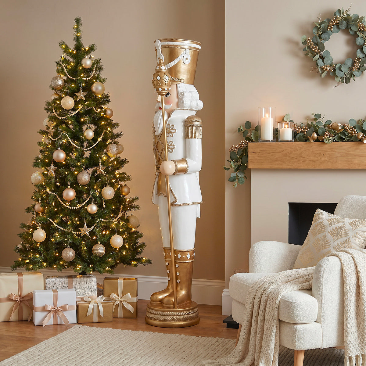 6ft Traditional Soldier Nutcracker Gold and Ivory with Warm White LED Lights