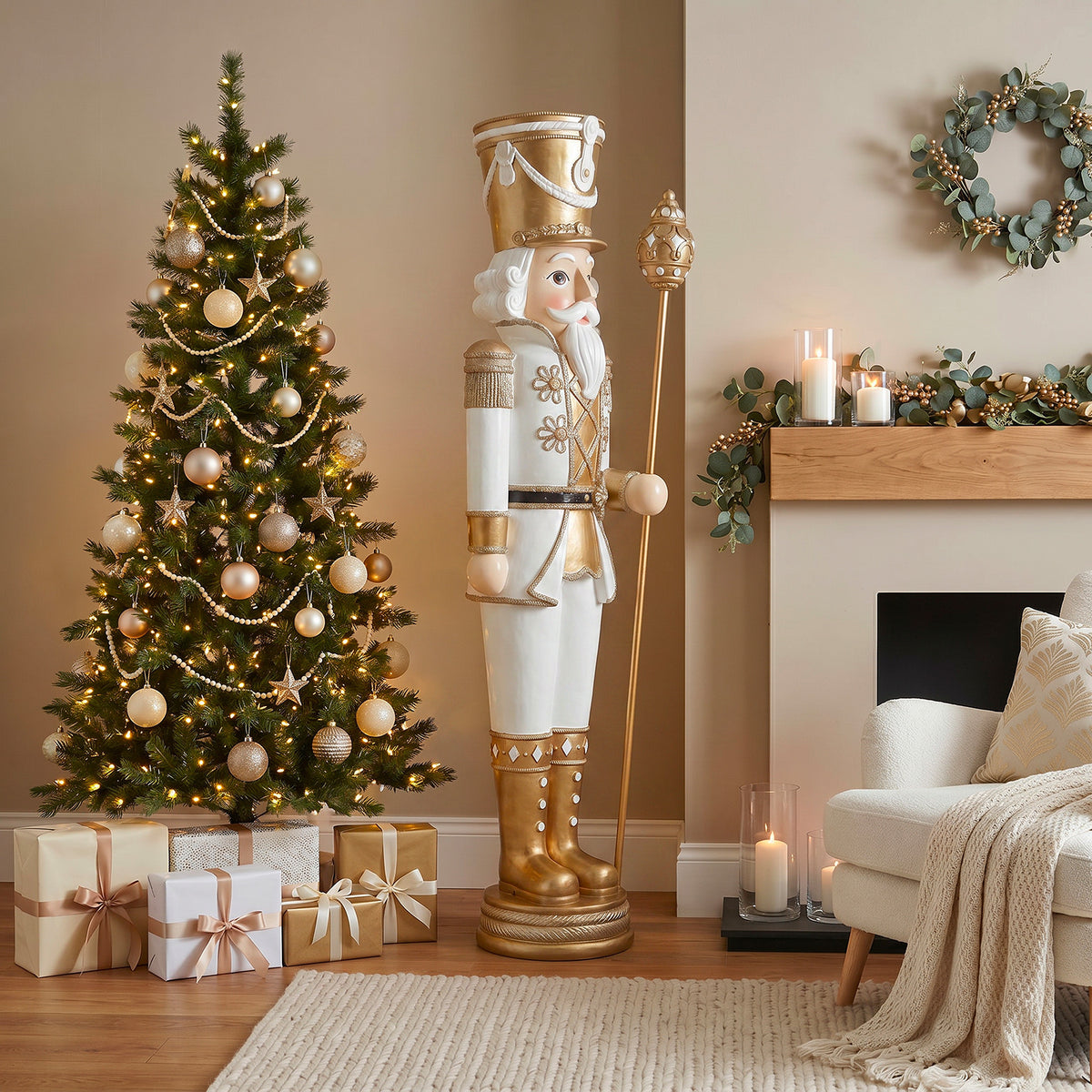 6ft Traditional Soldier Nutcracker Gold and Ivory with Warm White LED Lights