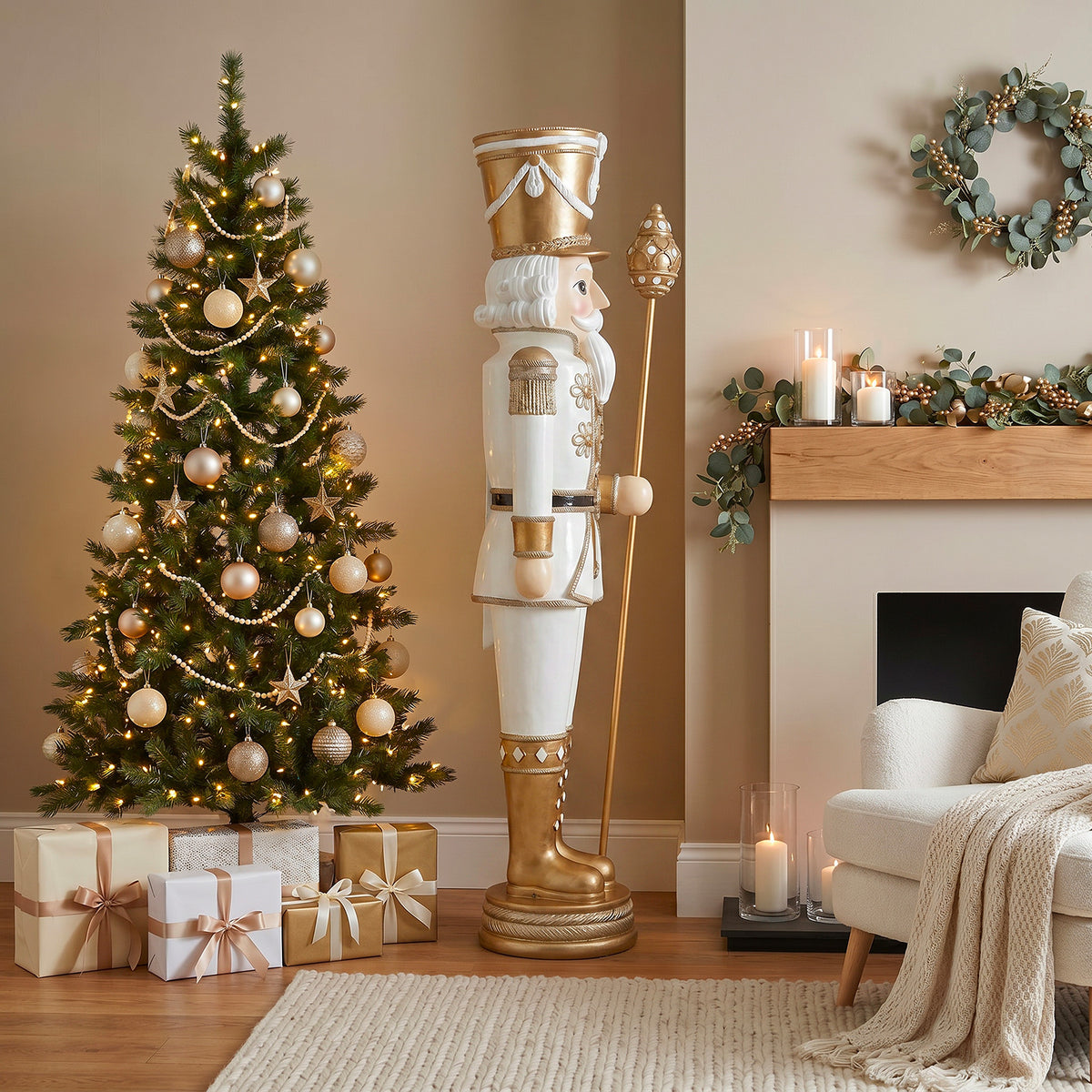 6ft Traditional Soldier Nutcracker Gold and Ivory with Warm White LED Lights