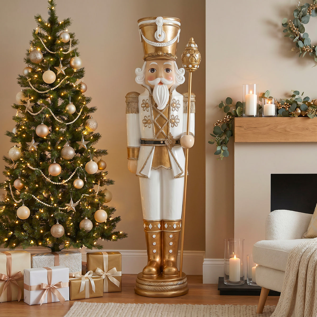 6ft Traditional Soldier Nutcracker Gold and Ivory with Warm White LED Lights