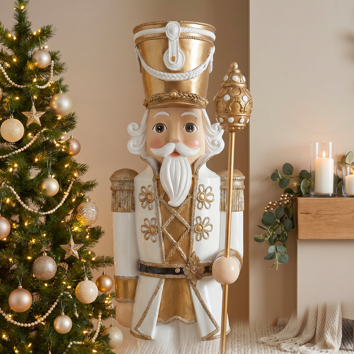 6ft Traditional Soldier Nutcracker Gold and Ivory with Warm White LED Lights