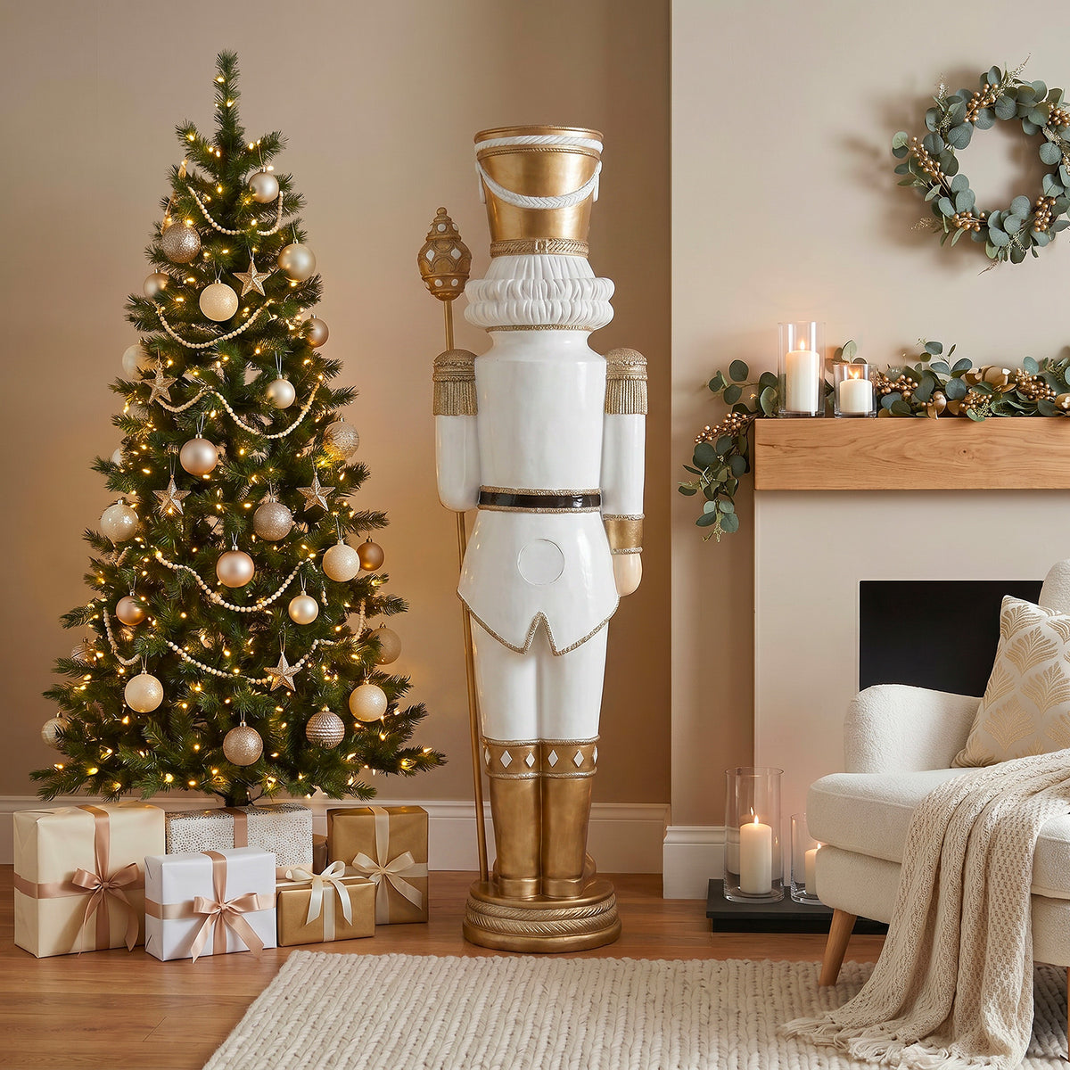 6ft Traditional Soldier Nutcracker Gold and Ivory with Warm White LED Lights