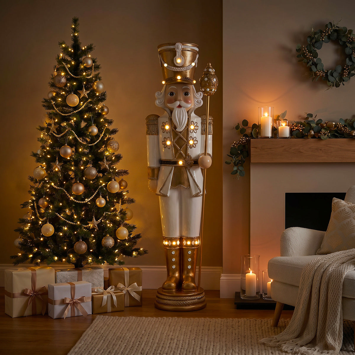 6ft Traditional Soldier Nutcracker Gold and Ivory with Warm White LED Lights