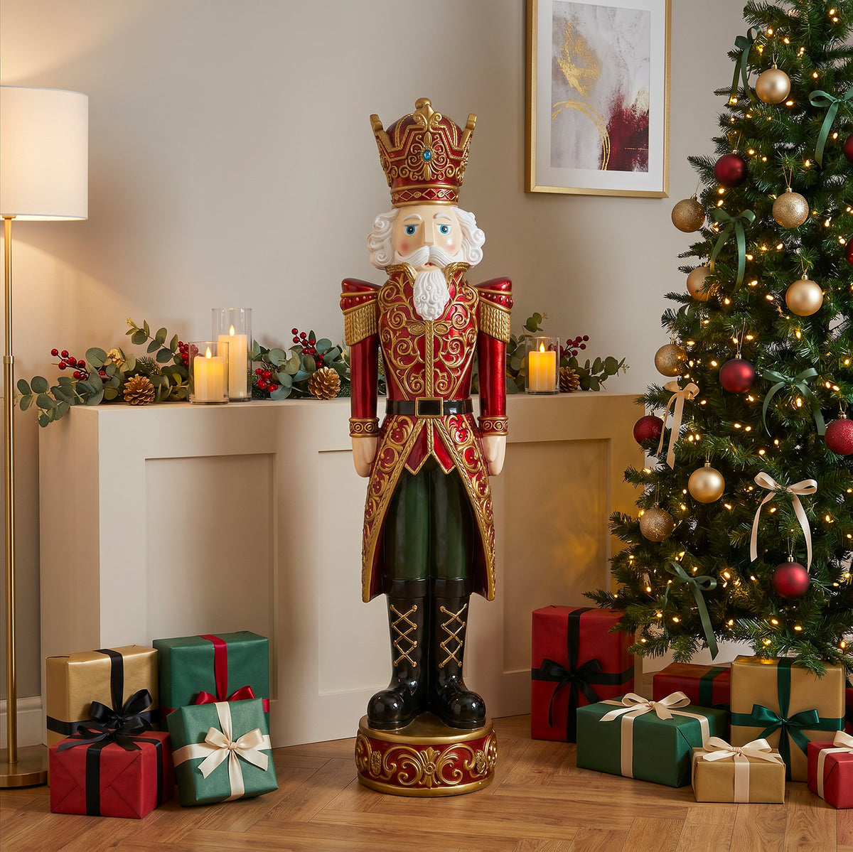 5.5ft Large Traditional Christmas Nutcracker King - Red and Gold with LED Lights