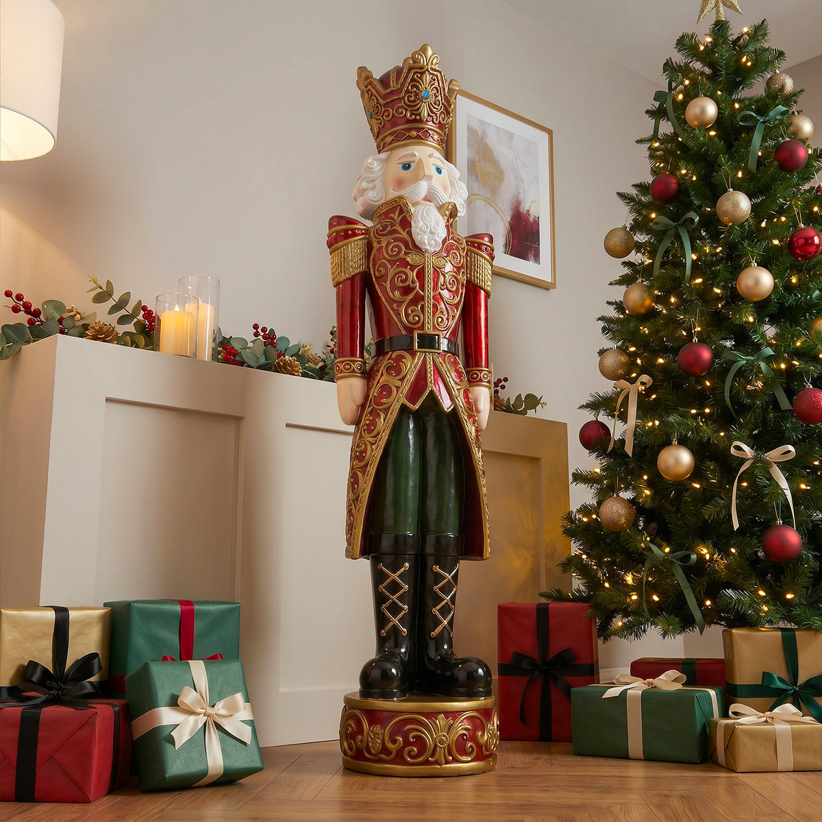 5.5ft Large Traditional Christmas Nutcracker King - Red and Gold with LED Lights