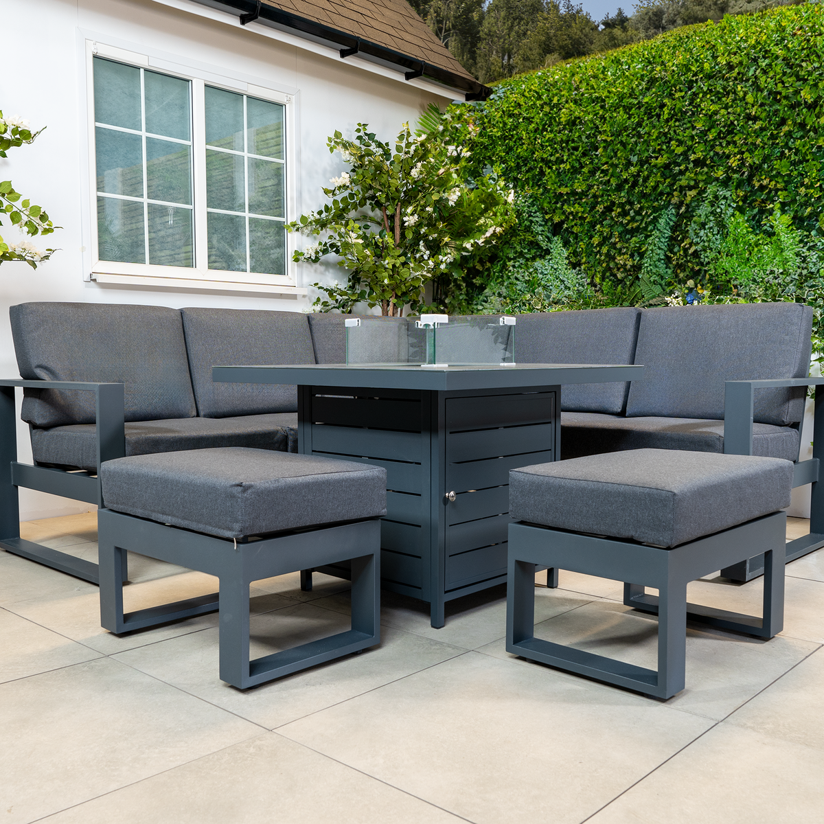 Bracken Outdoors Portland Aluminium Compact Corner Garden Furniture Set with Fire Pit Table