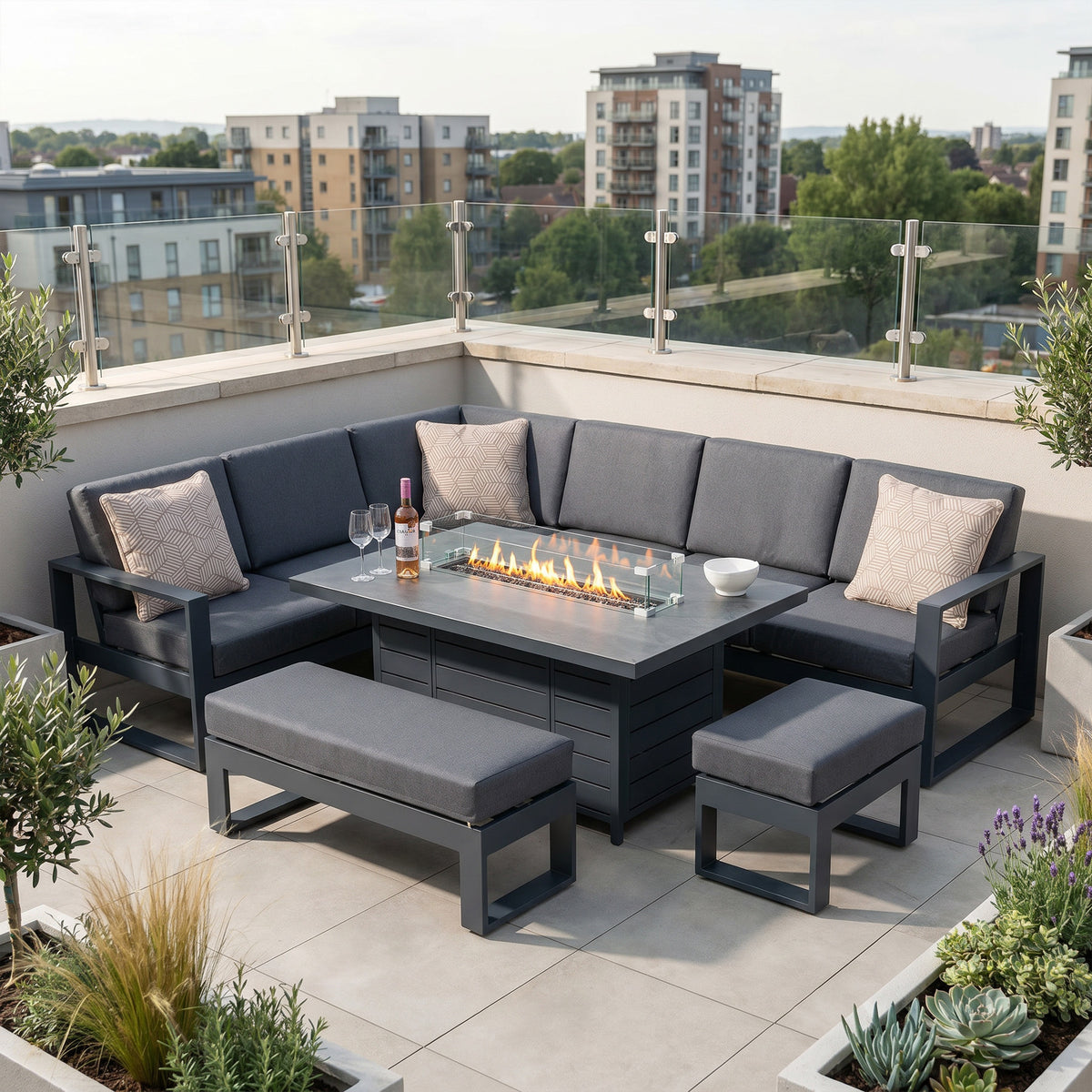 Bracken Outdoors Portland Aluminium Corner Garden Furniture Set with Fire Pit Table