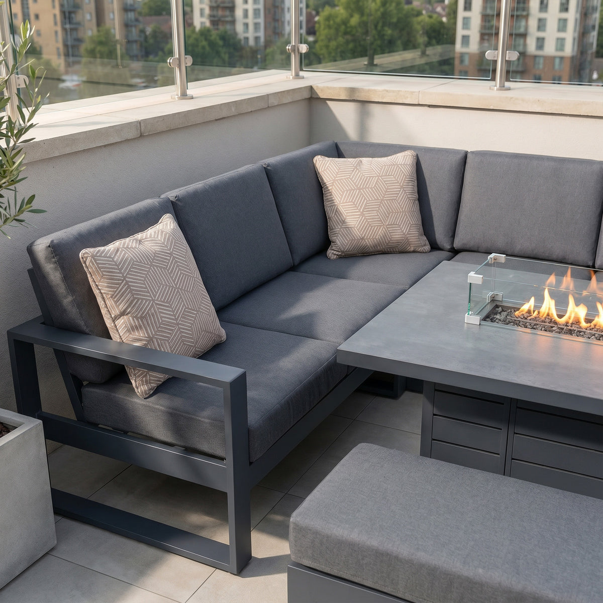 Bracken Outdoors Portland Aluminium Corner Garden Furniture Set with Fire Pit Table