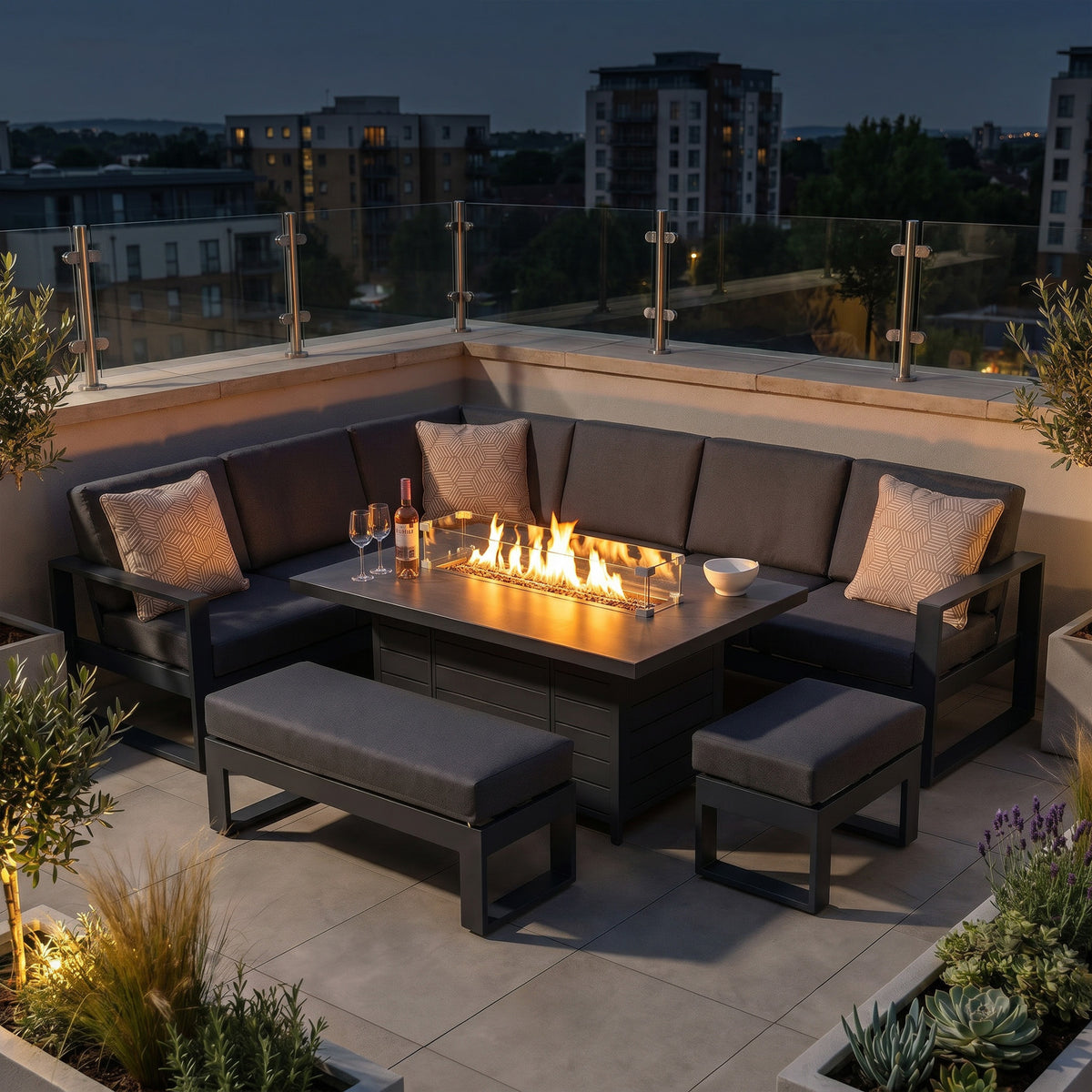 Bracken Outdoors Portland Aluminium Corner Garden Furniture Set with Fire Pit Table