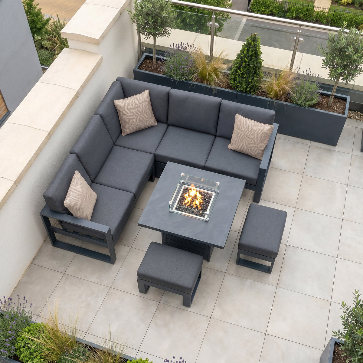 Bracken Outdoors Portland Aluminium Compact Corner Garden Furniture Set with Fire Pit Table