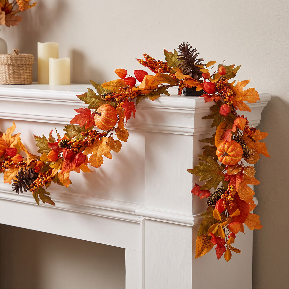 The Christmas Centre 6ft Prelit Fireside Autumn Garland with Warm White Battery Operated LED Lights