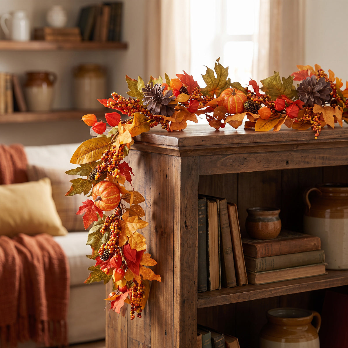 The Christmas Centre 6ft Prelit Fireside Autumn Garland with Warm White Battery Operated LED Lights