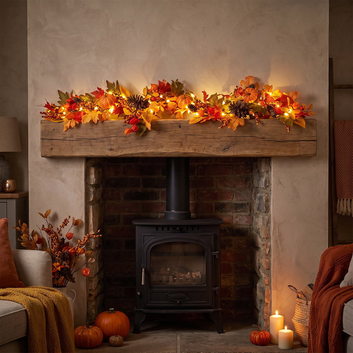 The Christmas Centre 6ft Prelit Fireside Autumn Garland with Warm White Battery Operated LED Lights