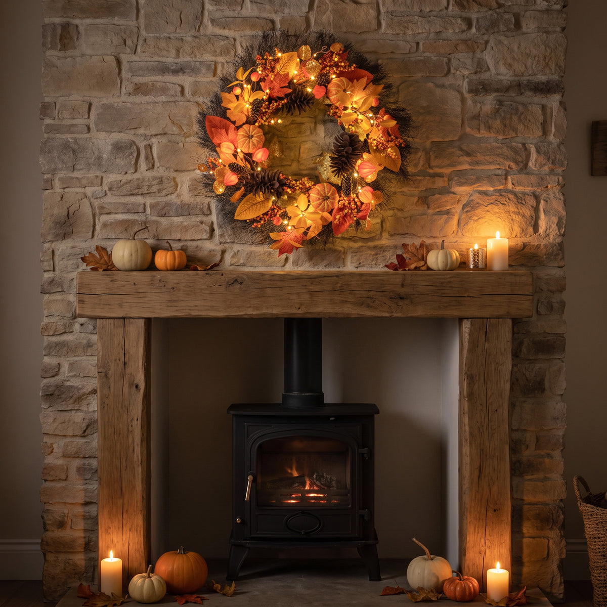 The Christmas Centre 26in Prelit Fireside Autumn Wreath with Warm White Battery Operated LED Lights