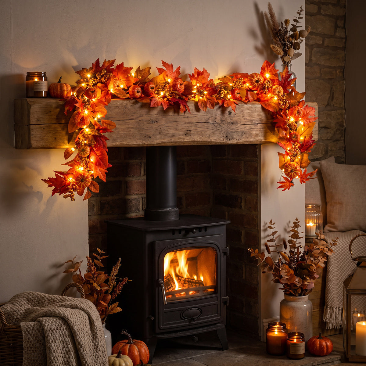 The Christmas Centre 6ft Prelit Amber Autumn Garland with Warm White Battery Operated LED Lights