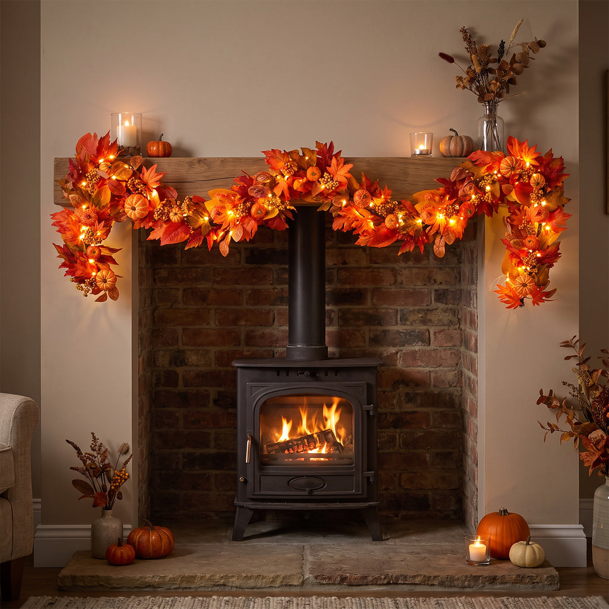 The Christmas Centre 6ft Prelit Amber Autumn Garland with Warm White Battery Operated LED Lights