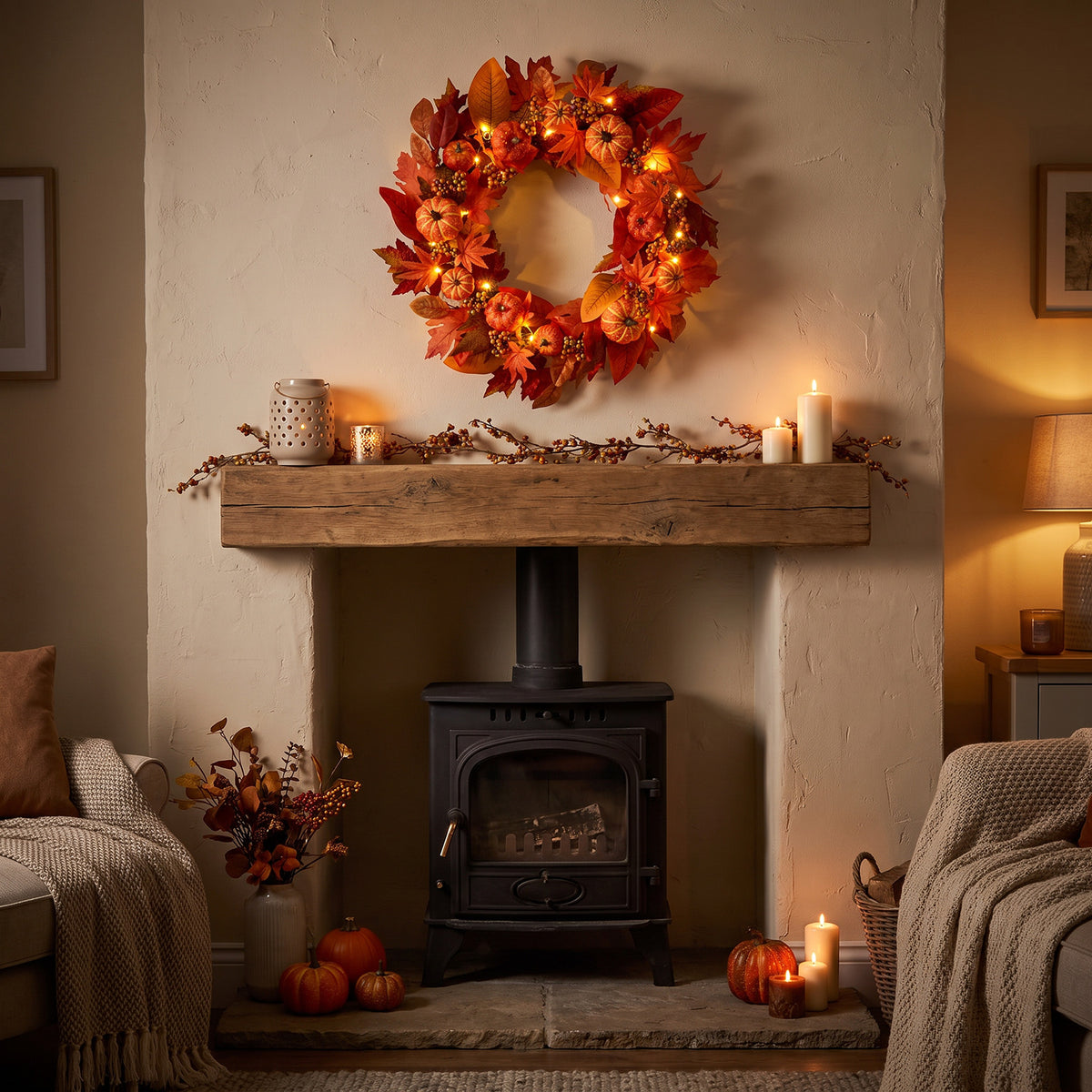 The Christmas Centre 26in Prelit Amber Autumn Wreath with Warm White Battery Operated LED Lights