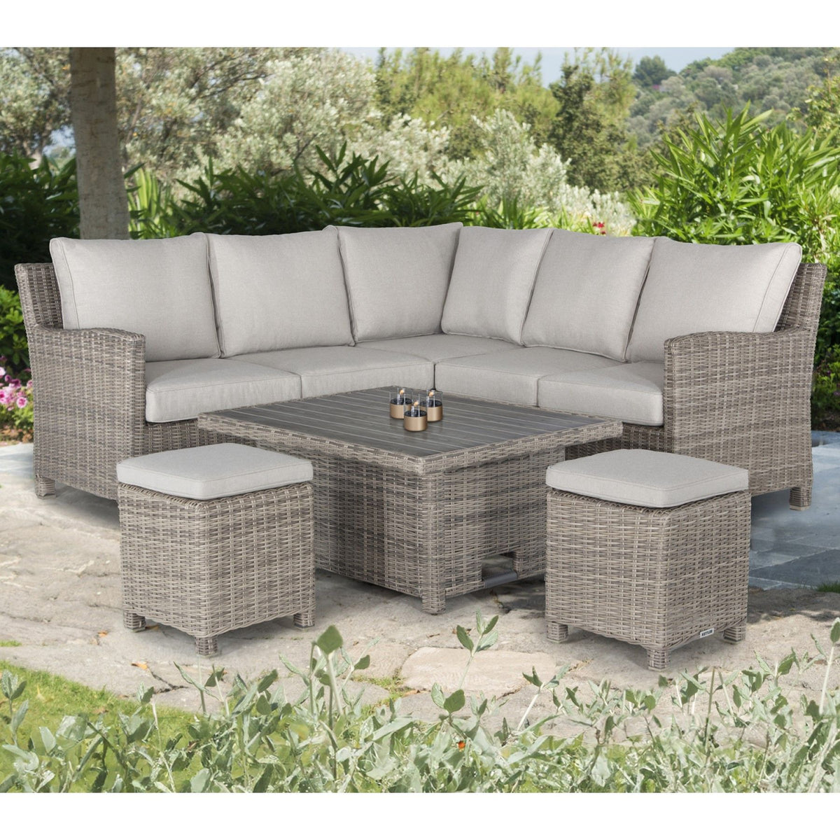 Kettler Palma Signature Mini Corner Oyster Wicker Outdoor Sofa Set with High Low Slat Top Table