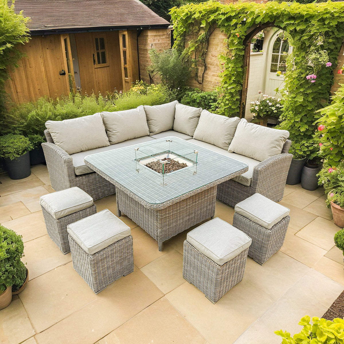 Bracken Outdoors Richmond Square Rattan Corner Sofa Garden Furniture Set with Fire Pit Table