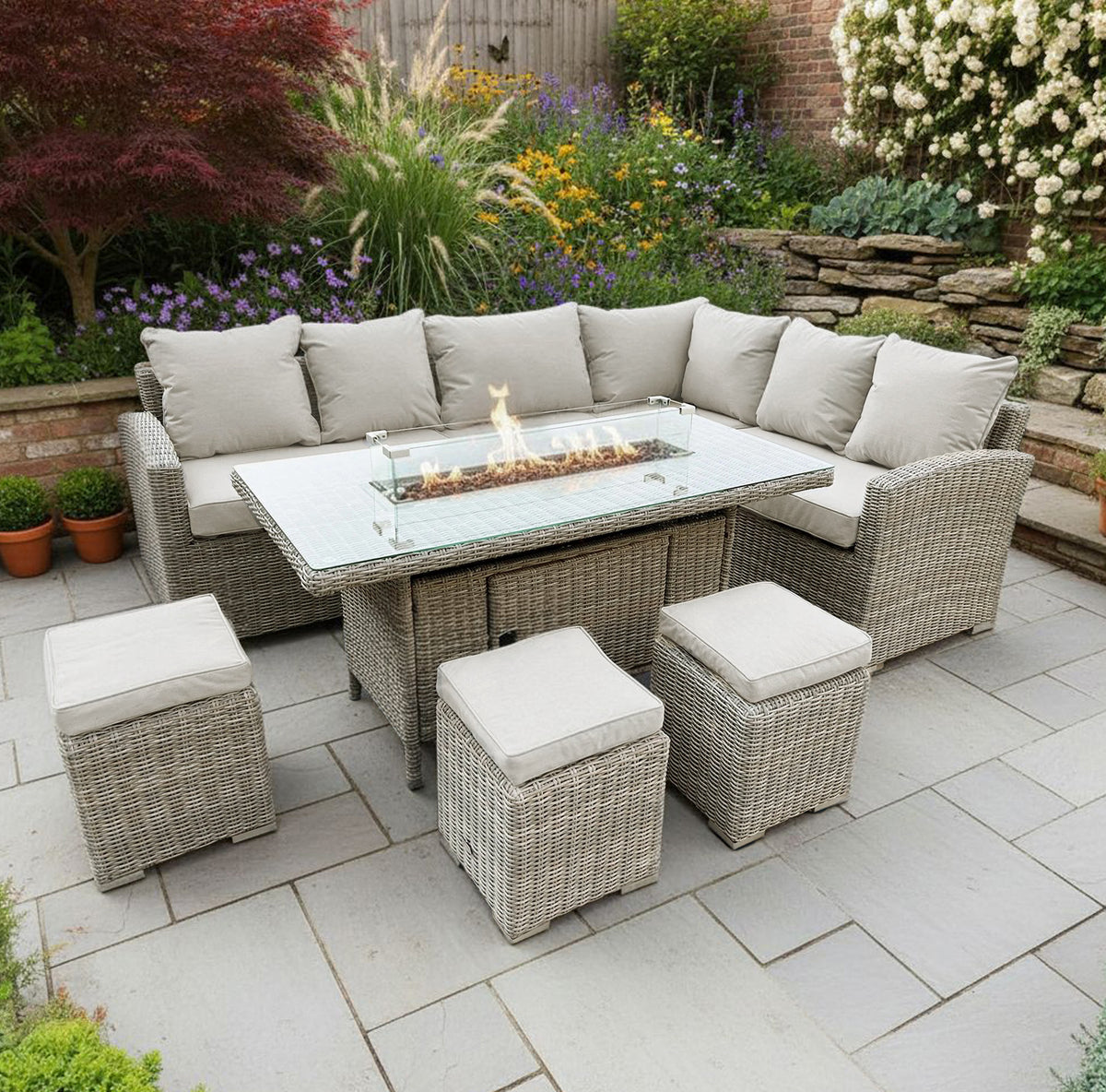 Bracken Outdoors Richmond Rectangular Rattan Corner Sofa Garden Furniture Set with Fire Pit Table