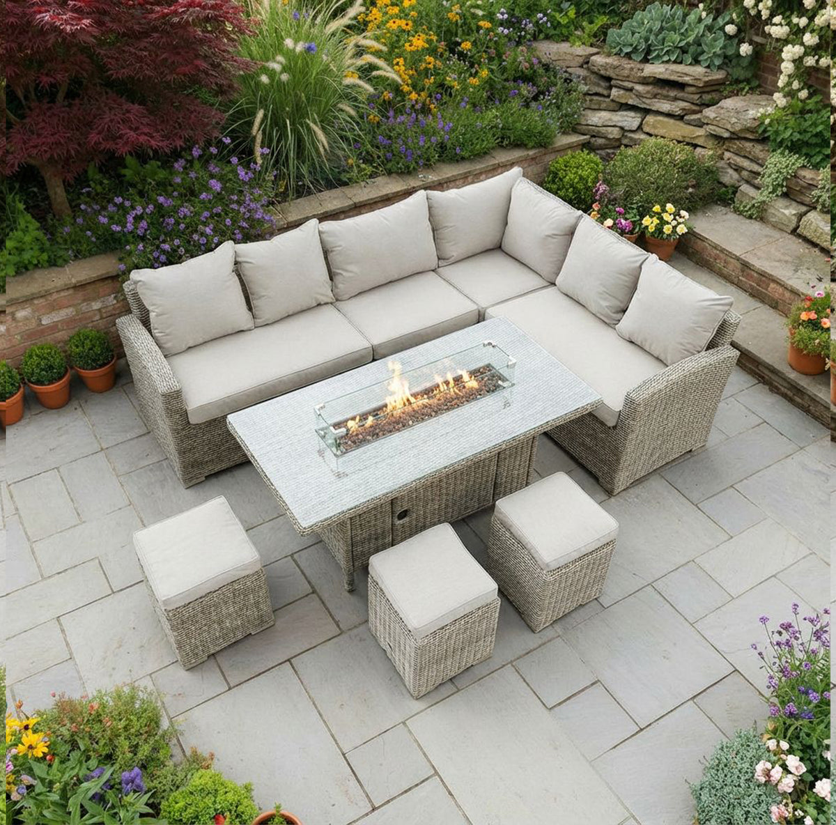 Bracken Outdoors Richmond Rectangular Rattan Corner Sofa Garden Furniture Set with Fire Pit Table