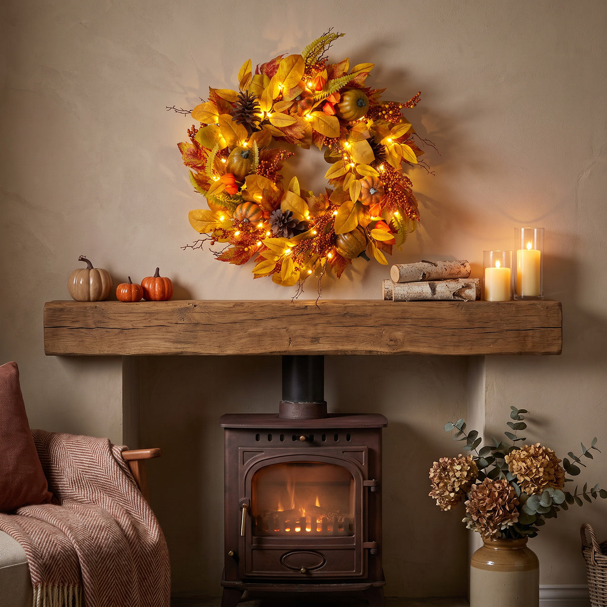 The Christmas Centre 26in Prelit Cedar Autumn Wreath with Warm White Battery Operated LED Lights