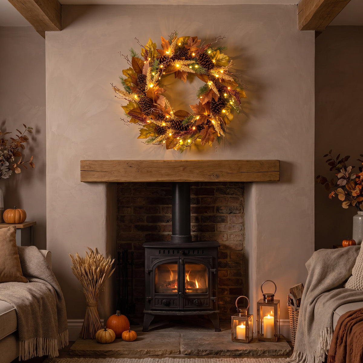 The Christmas Centre 26in Prelit Willow Autumn Wreath with Warm White Battery Operated LED Lights