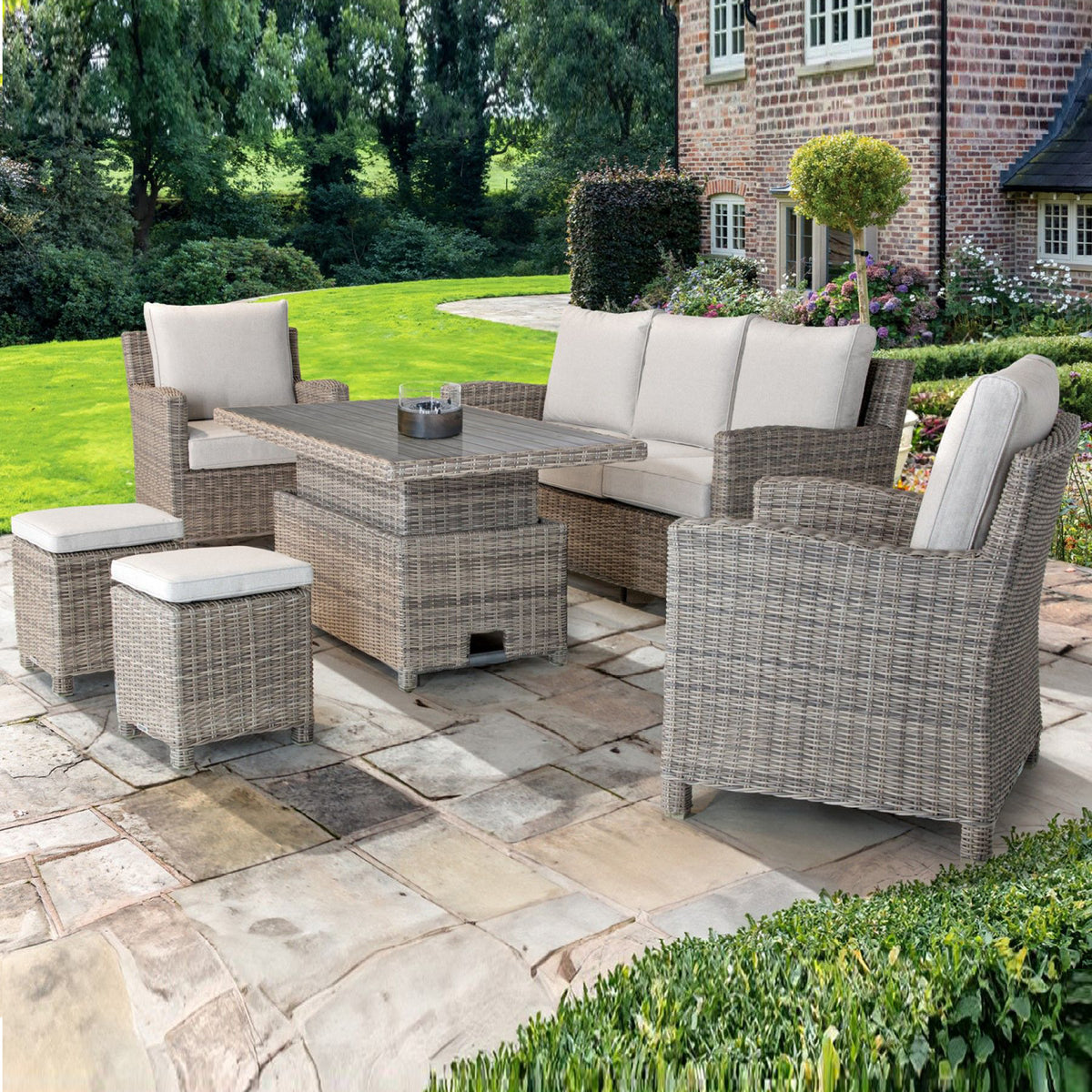 Kettler Palma Signature Oyster Wicker Outdoor Lounge Sofa Set with High Low Slat Top Table