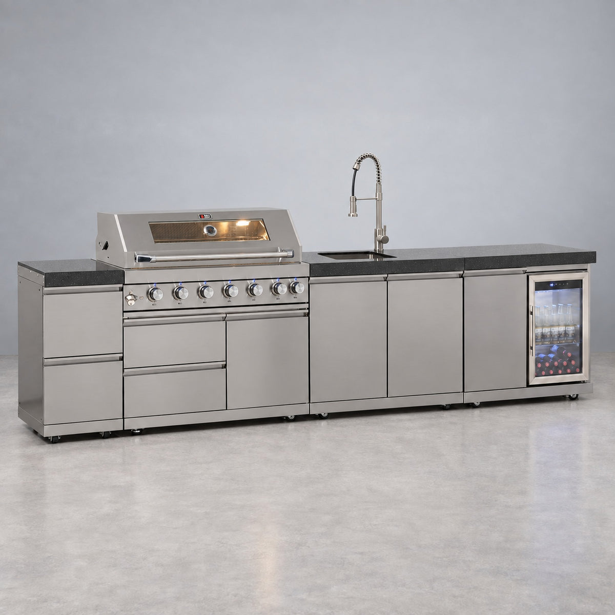 Draco Grills 6 Burner BBQ Modular Outdoor Kitchen with Double Drawers and Single Fridge And Sink Units