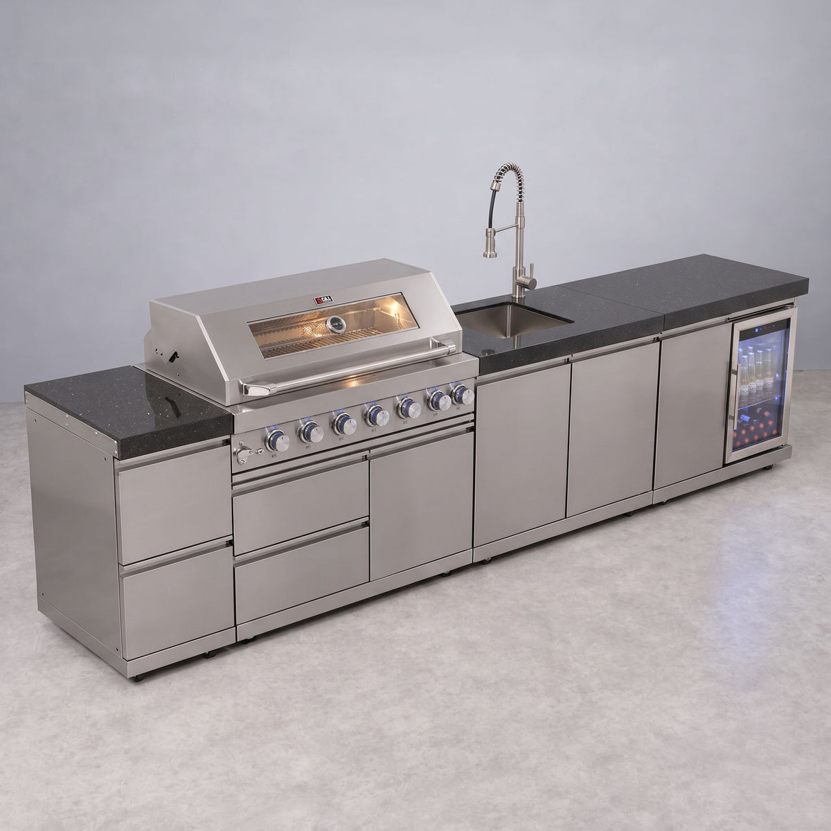 Draco Grills 6 Burner BBQ Modular Outdoor Kitchen with Double Drawers and Single Fridge And Sink Units