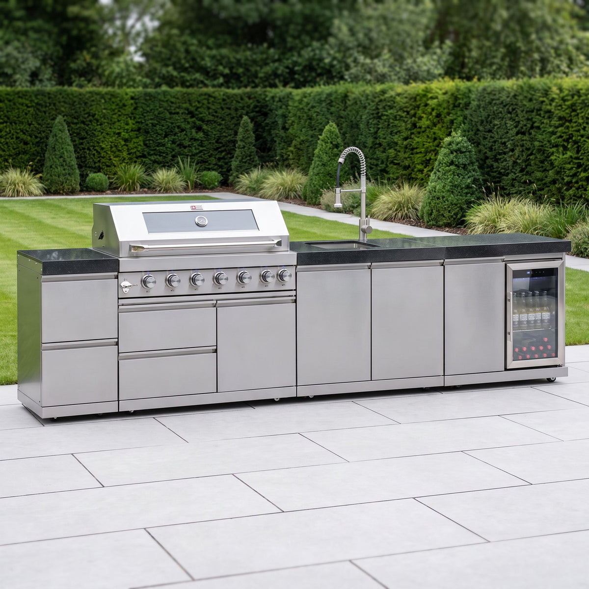 Draco Grills 6 Burner BBQ Modular Outdoor Kitchen with Double Drawers and Single Fridge And Sink Units