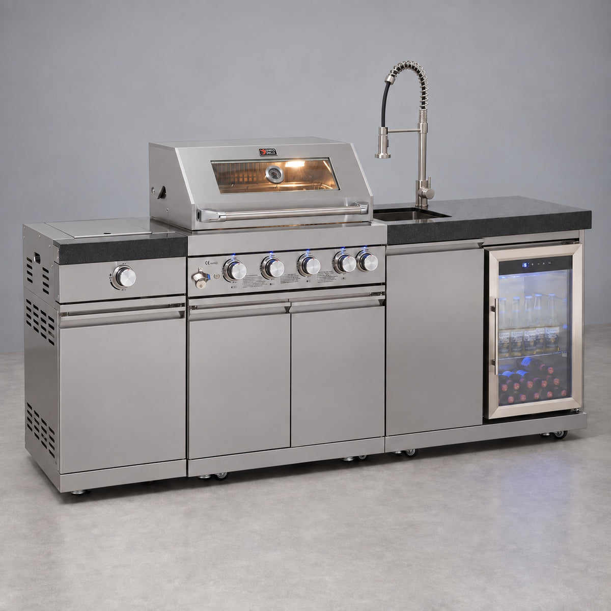 Draco Grills 4 Burner BBQ Modular Outdoor Kitchen with Sideburner and Sink and Fridge Unit