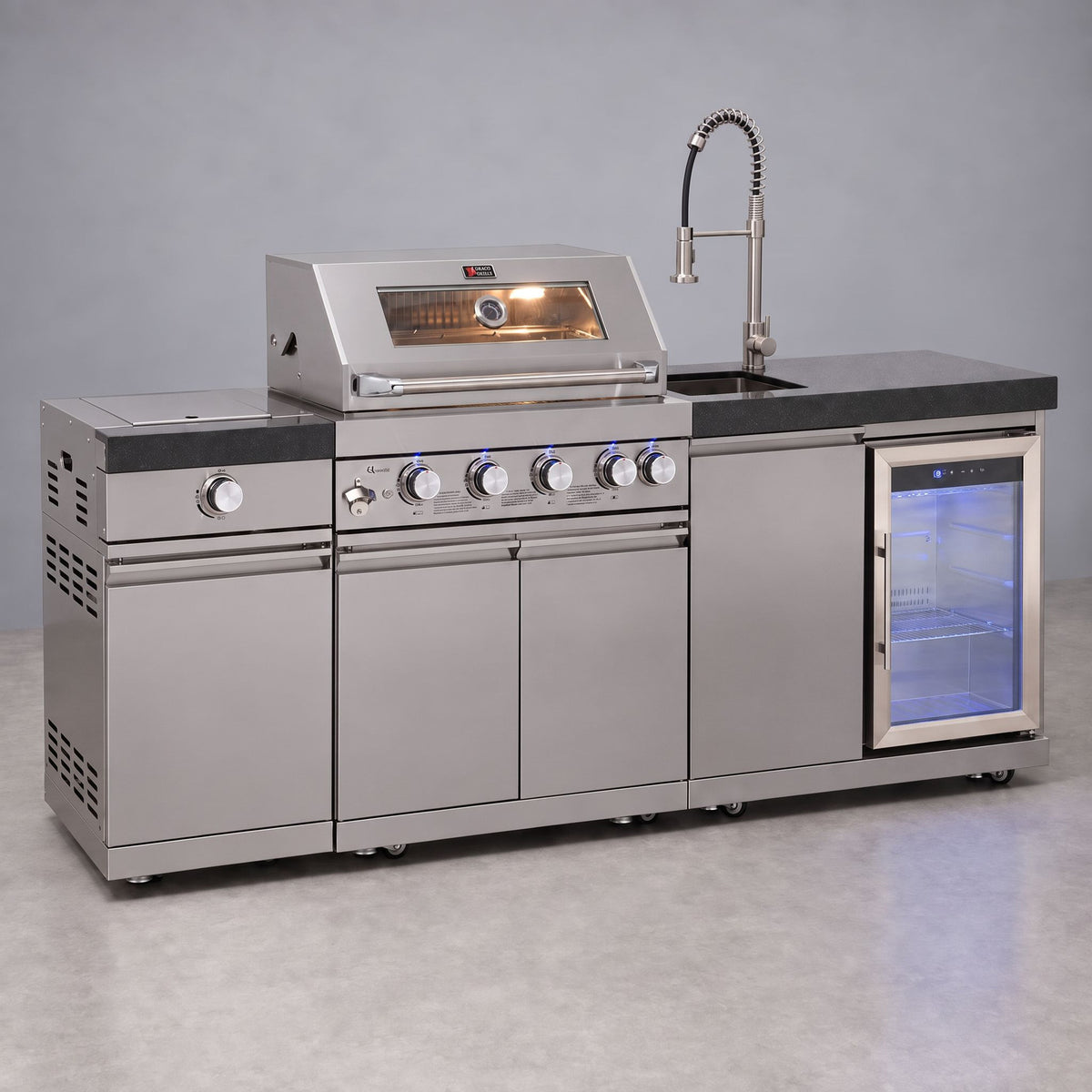 Draco Grills 4 Burner BBQ Modular Outdoor Kitchen with Sideburner and Sink and Fridge Unit