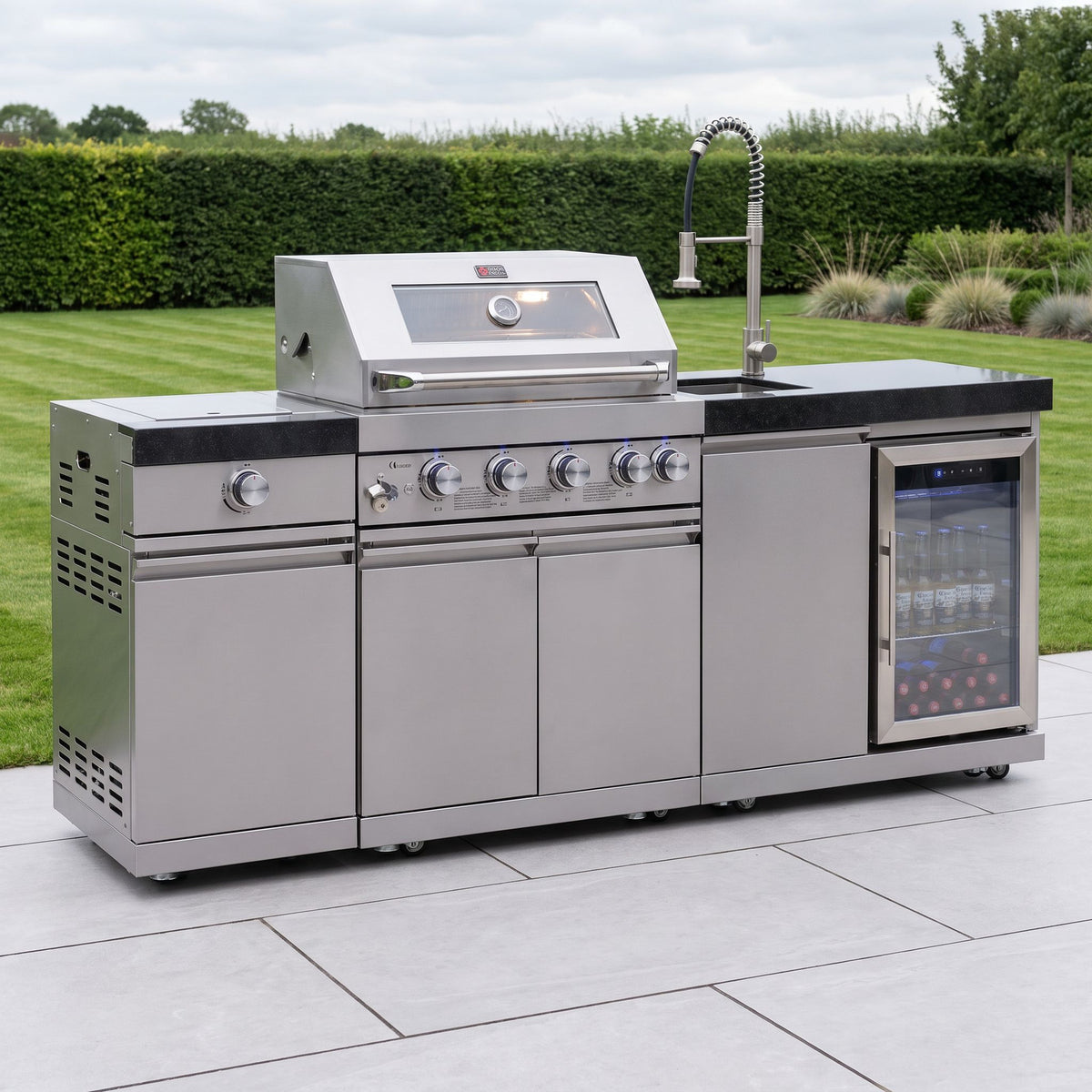 Draco Grills 4 Burner BBQ Modular Outdoor Kitchen with Sideburner and Sink and Fridge Unit