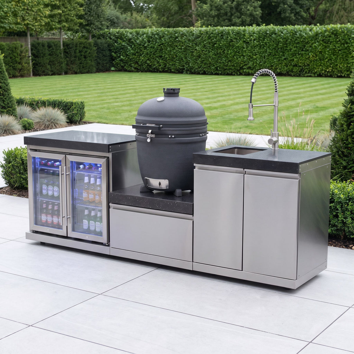 Draco Grills Stainless Steel Kamado Egg 22" Outdoor Kitchen with Double Fridge and Sink Unit