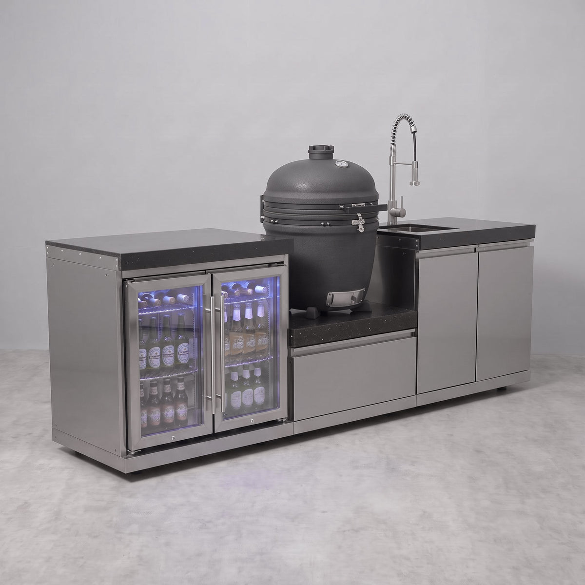 Draco Grills Stainless Steel Kamado Egg 22" Outdoor Kitchen with Double Fridge and Sink Unit