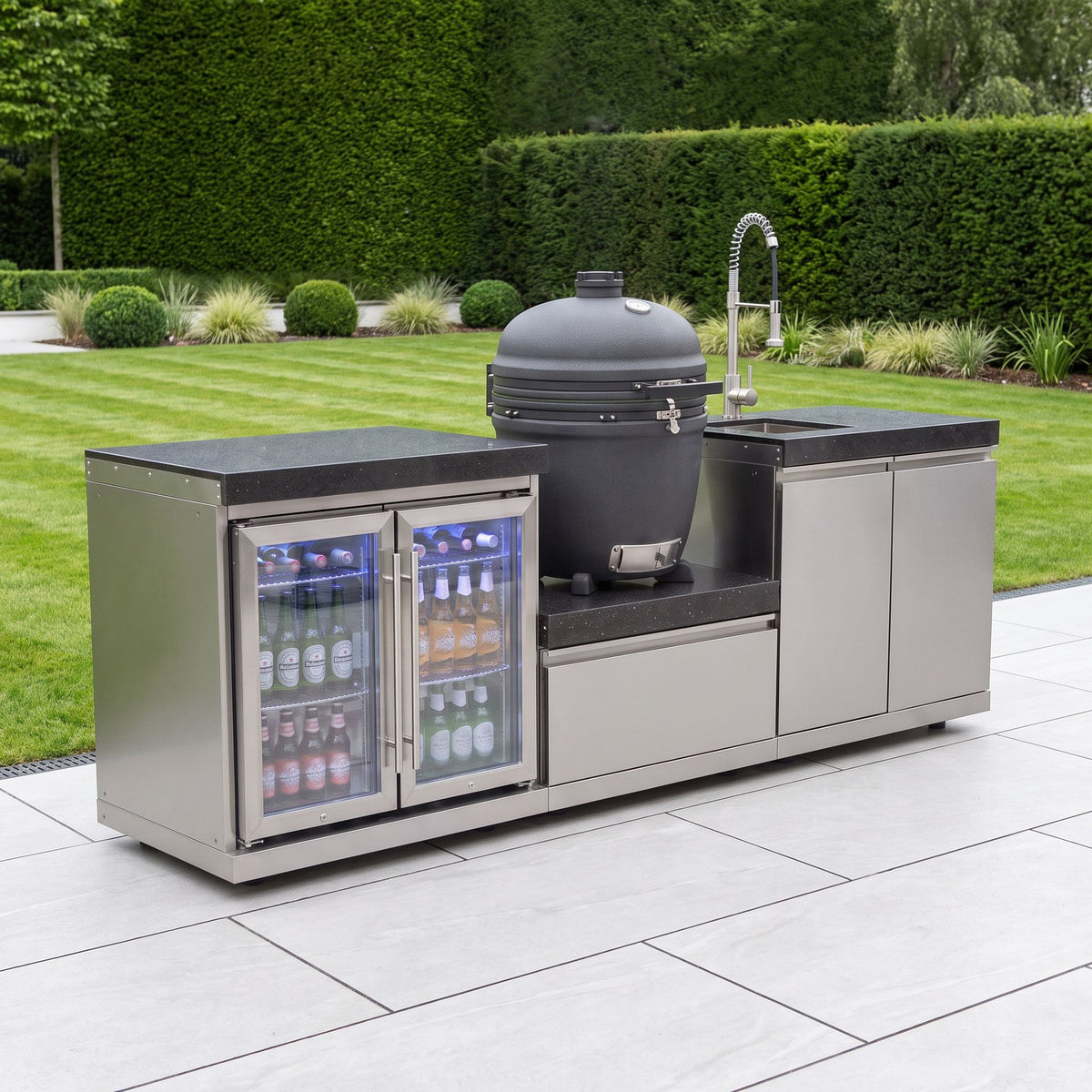 Draco Grills Stainless Steel Kamado Egg 22" Outdoor Kitchen with Double Fridge and Sink Unit