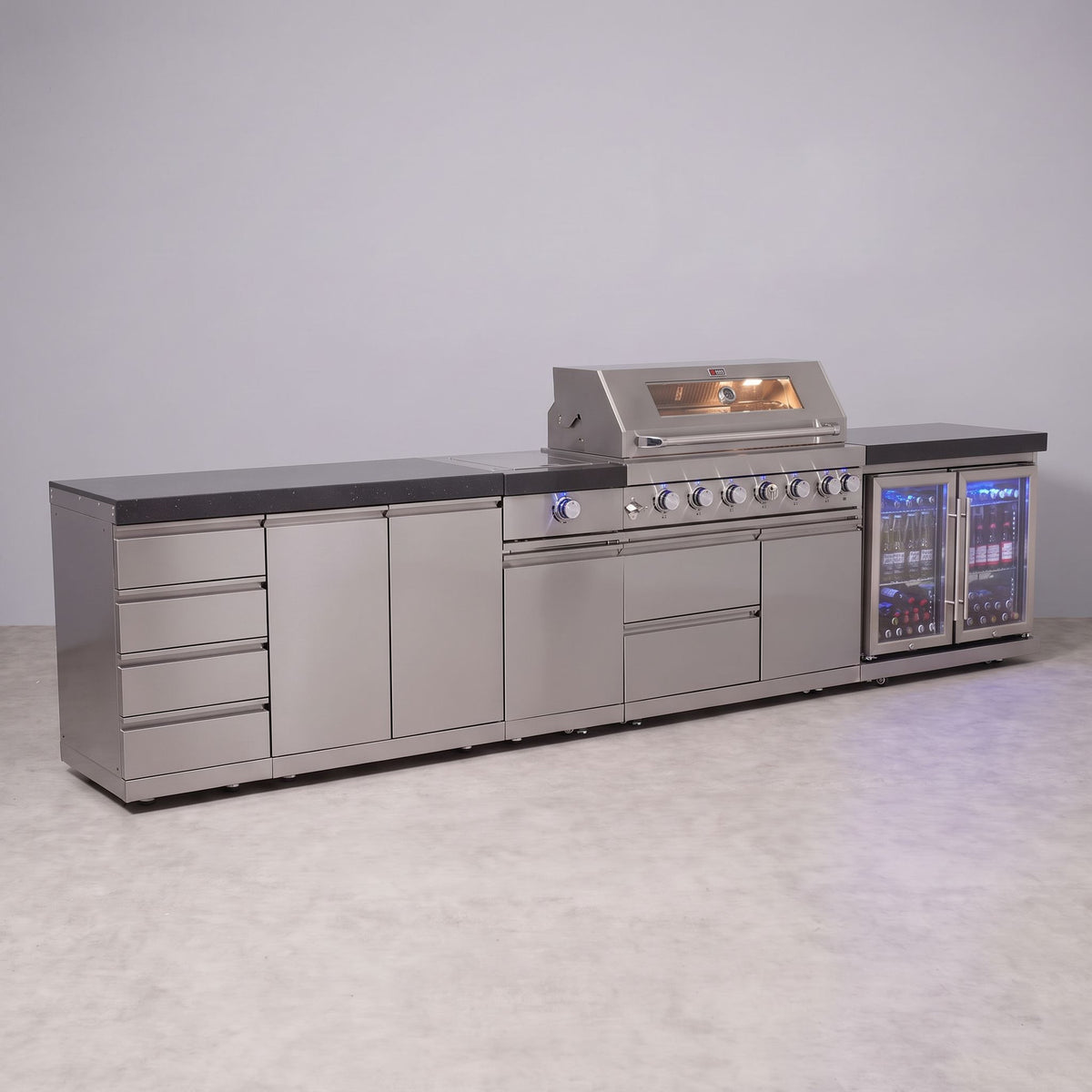 Draco Grills 6 Burner BBQ Modular Outdoor Kitchen with Sear Station, Double Fridge and Storage