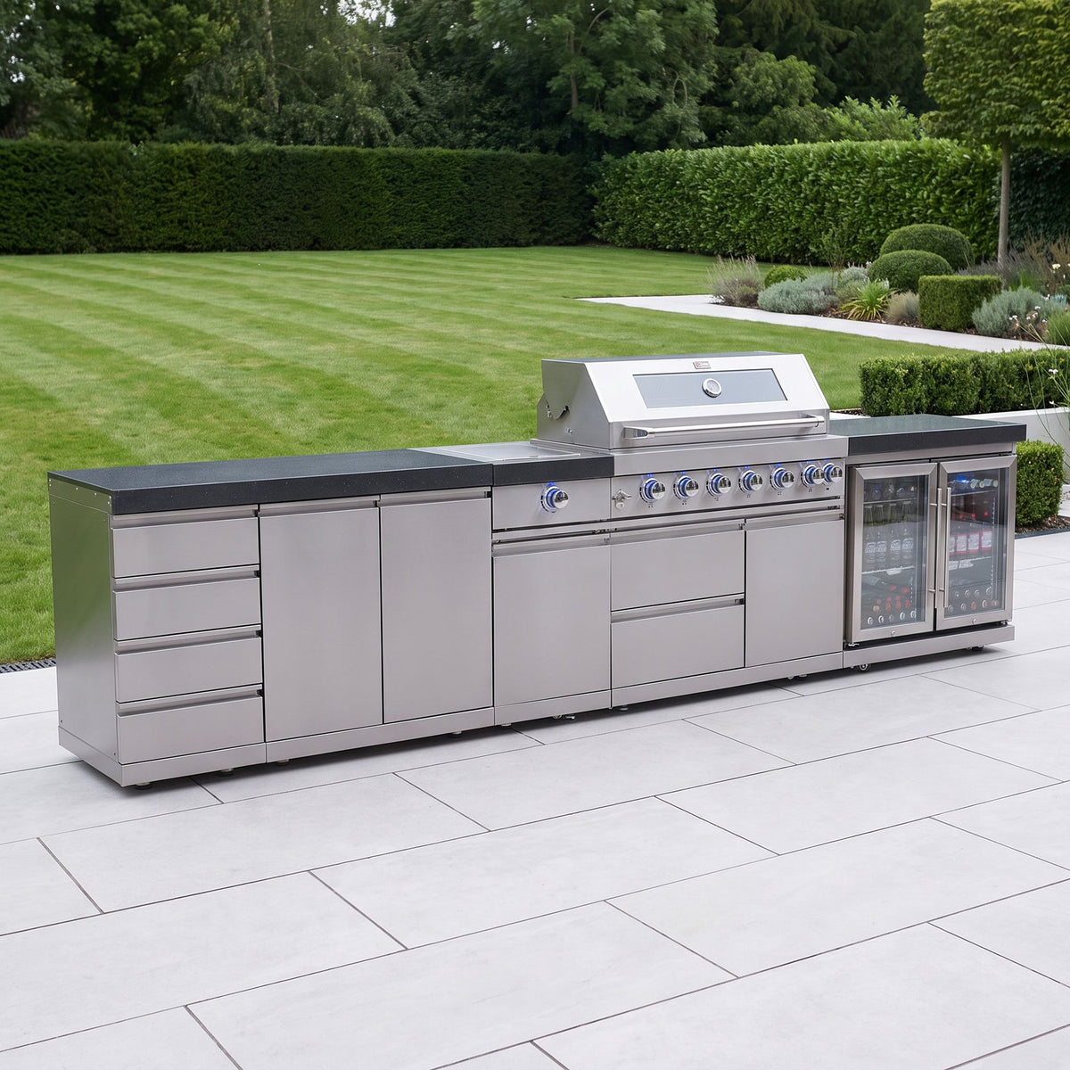 Draco Grills 6 Burner BBQ Modular Outdoor Kitchen with Sear Station, Double Fridge and Storage