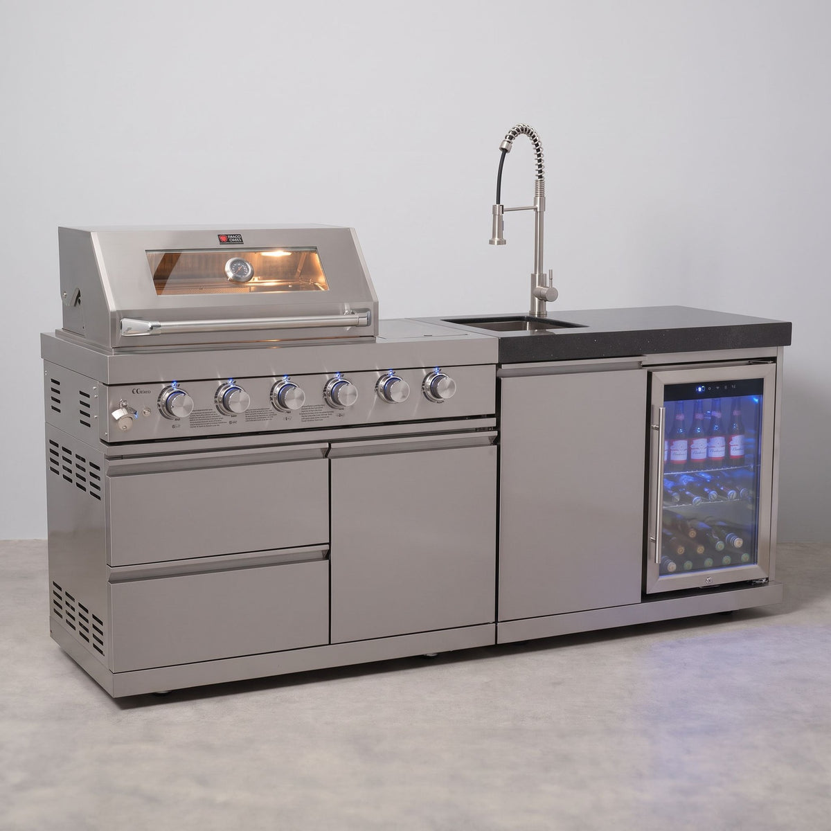 Draco Grills 4 Burner Modular Outdoor Kitchen with Integrated Sear Station and Sink and Fridge Unit