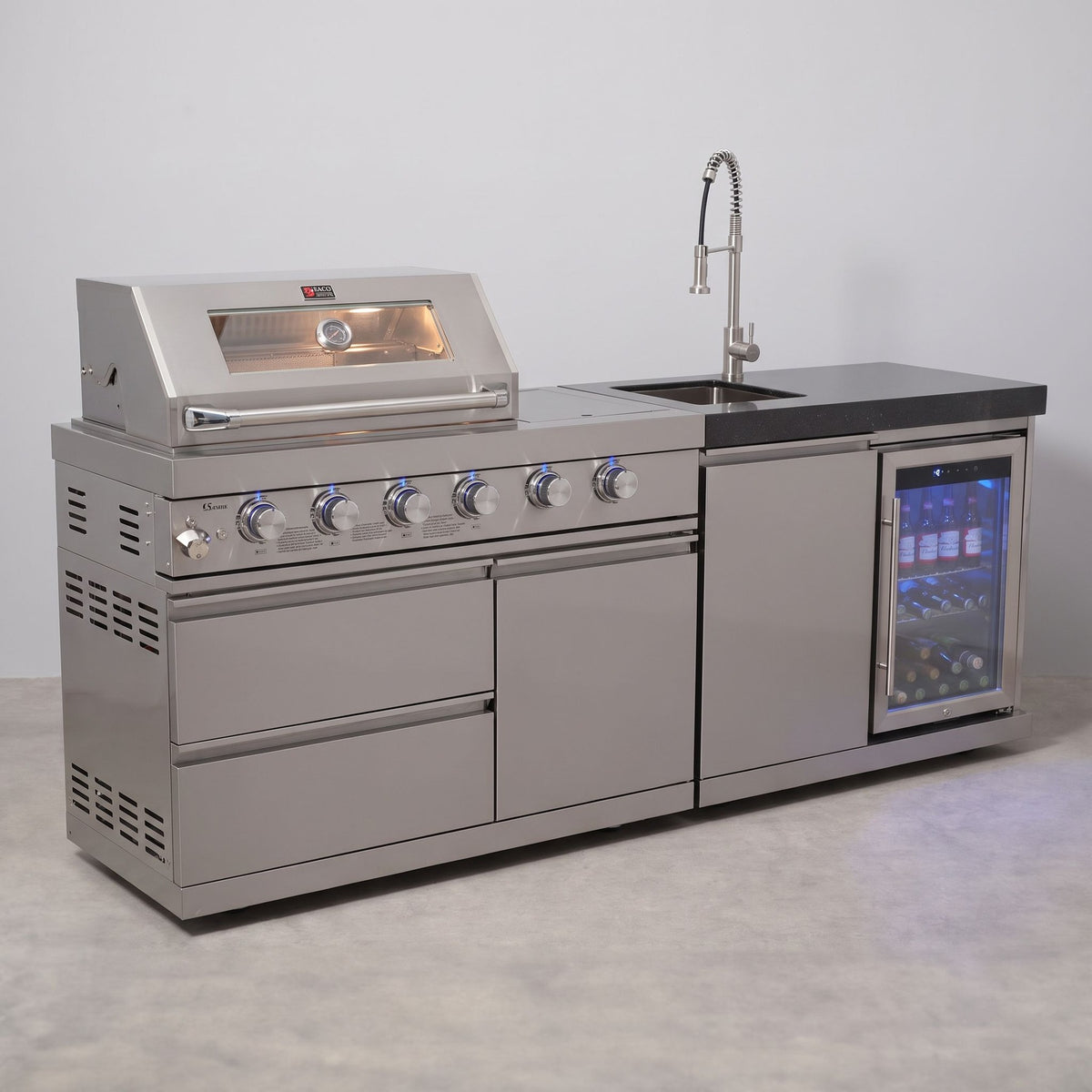 Draco Grills 4 Burner Modular Outdoor Kitchen with Integrated Sear Station and Sink and Fridge Unit