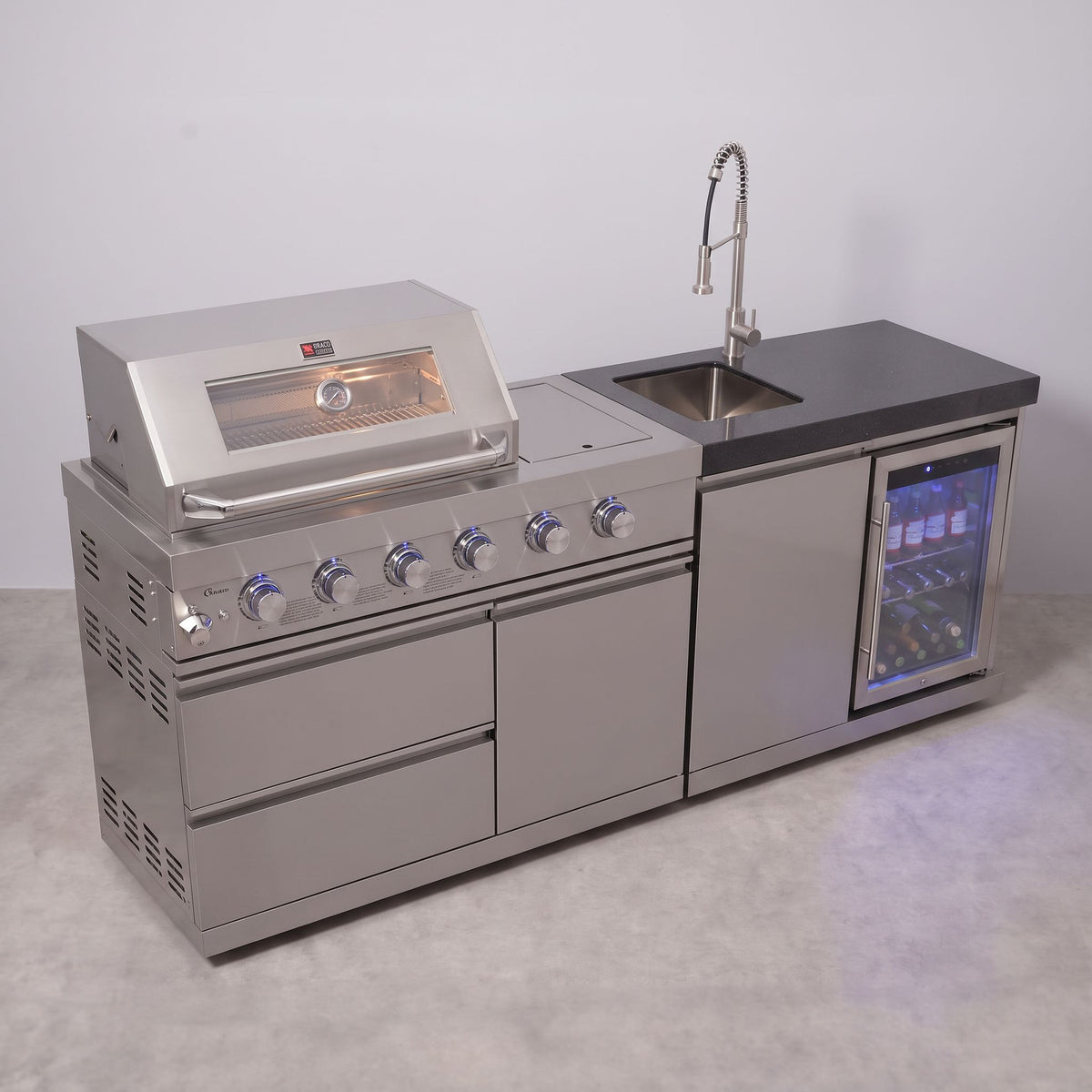 Draco Grills 4 Burner Modular Outdoor Kitchen with Integrated Sear Station and Sink and Fridge Unit