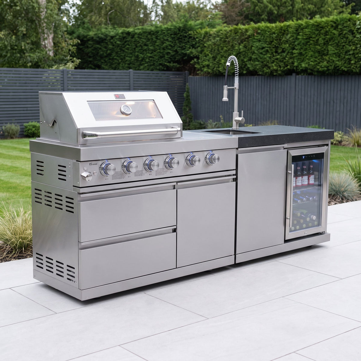 Draco Grills 4 Burner Modular Outdoor Kitchen with Integrated Sear Station and Sink and Fridge Unit