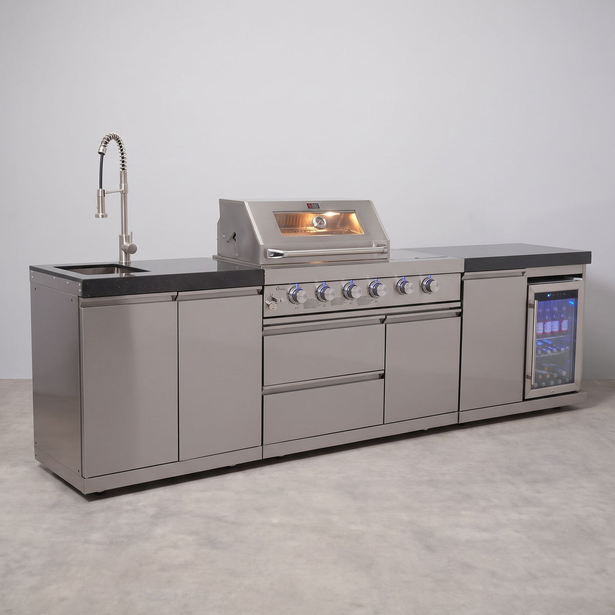 Draco Grills 4 Burner Modular Outdoor Kitchen with Integrated Sear Station and Sink and Fridge Units