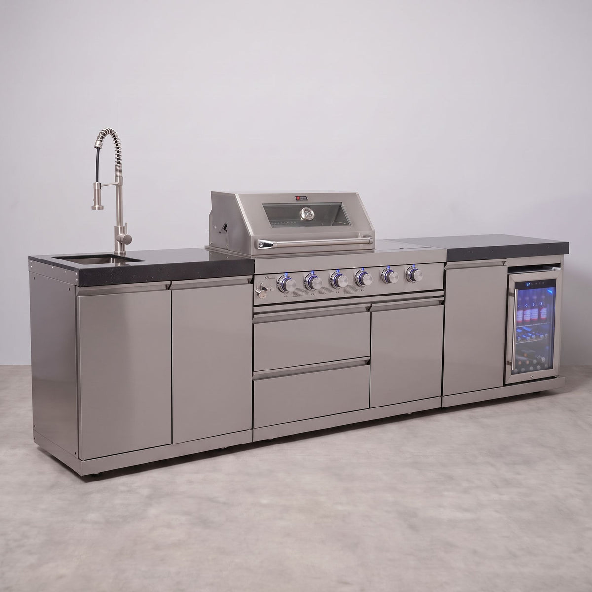 Draco Grills 4 Burner Modular Outdoor Kitchen with Integrated Sear Station and Sink and Fridge Units