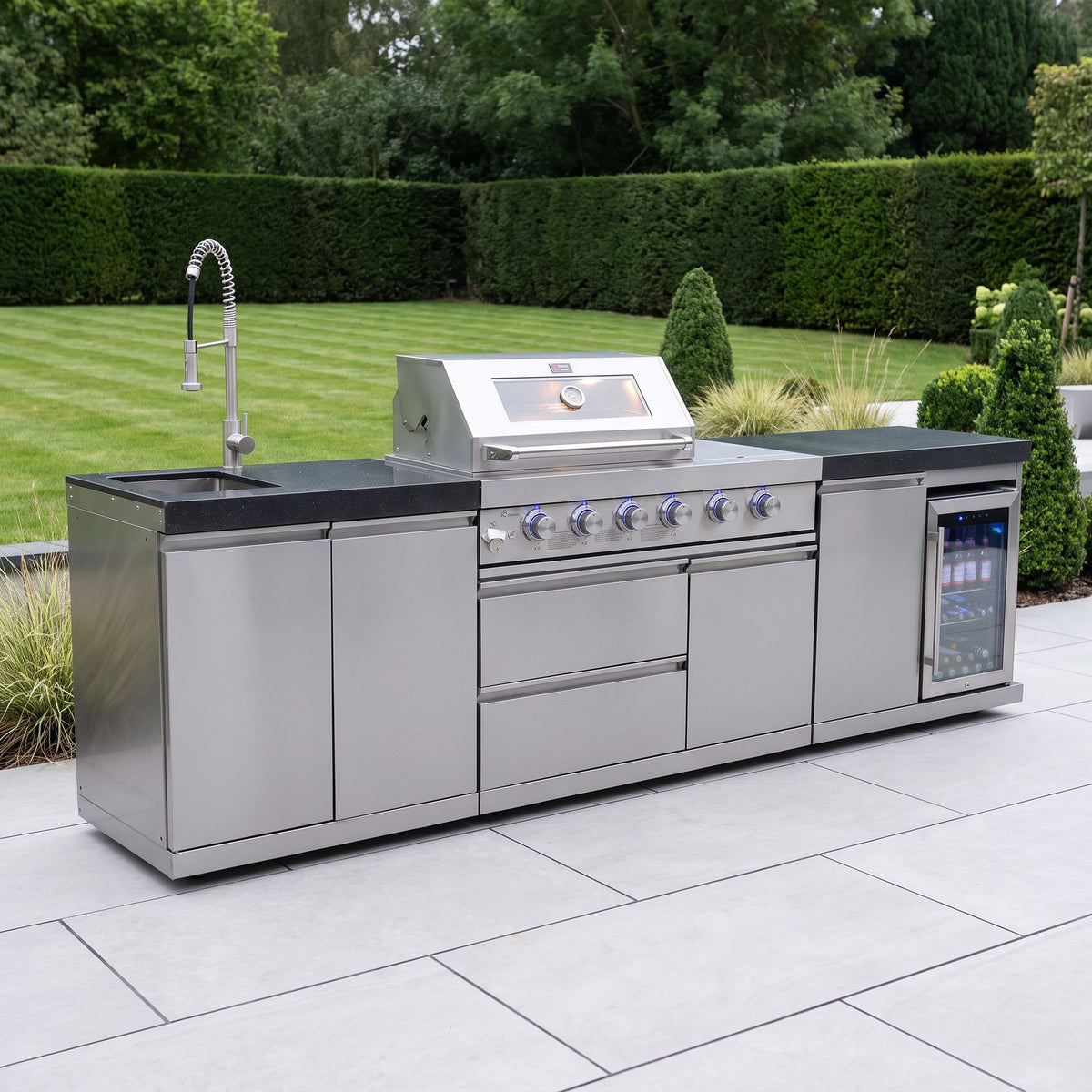 Draco Grills 4 Burner Modular Outdoor Kitchen with Integrated Sear Station and Sink and Fridge Units